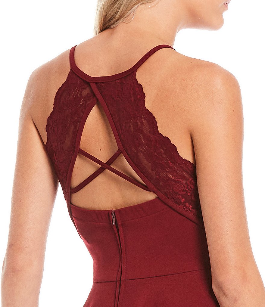 Teeze Me High Neck Double Hem Cutout Lace Back Skater Dress