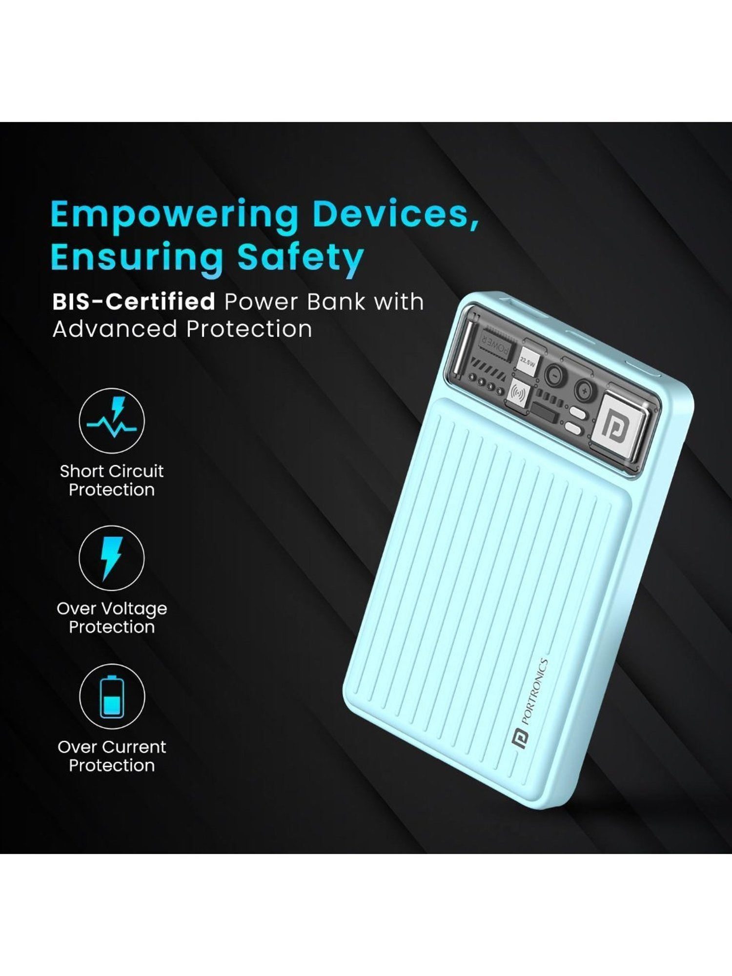 Portronics Luxcell Wireless Mini Power Bank 10000mAh 15W with 22.5 Wired Output (Blue)