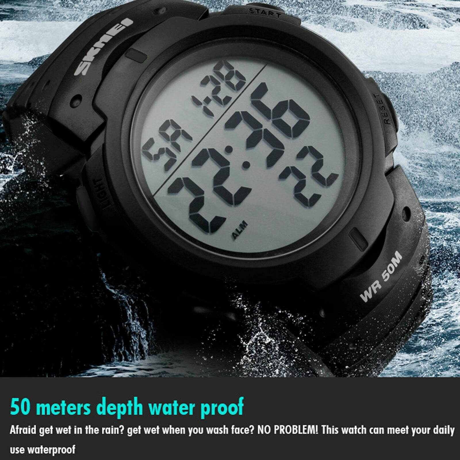 Fashion Men LED Digital Date Military Sport Rubber Quartz Watch Alarm Waterproof