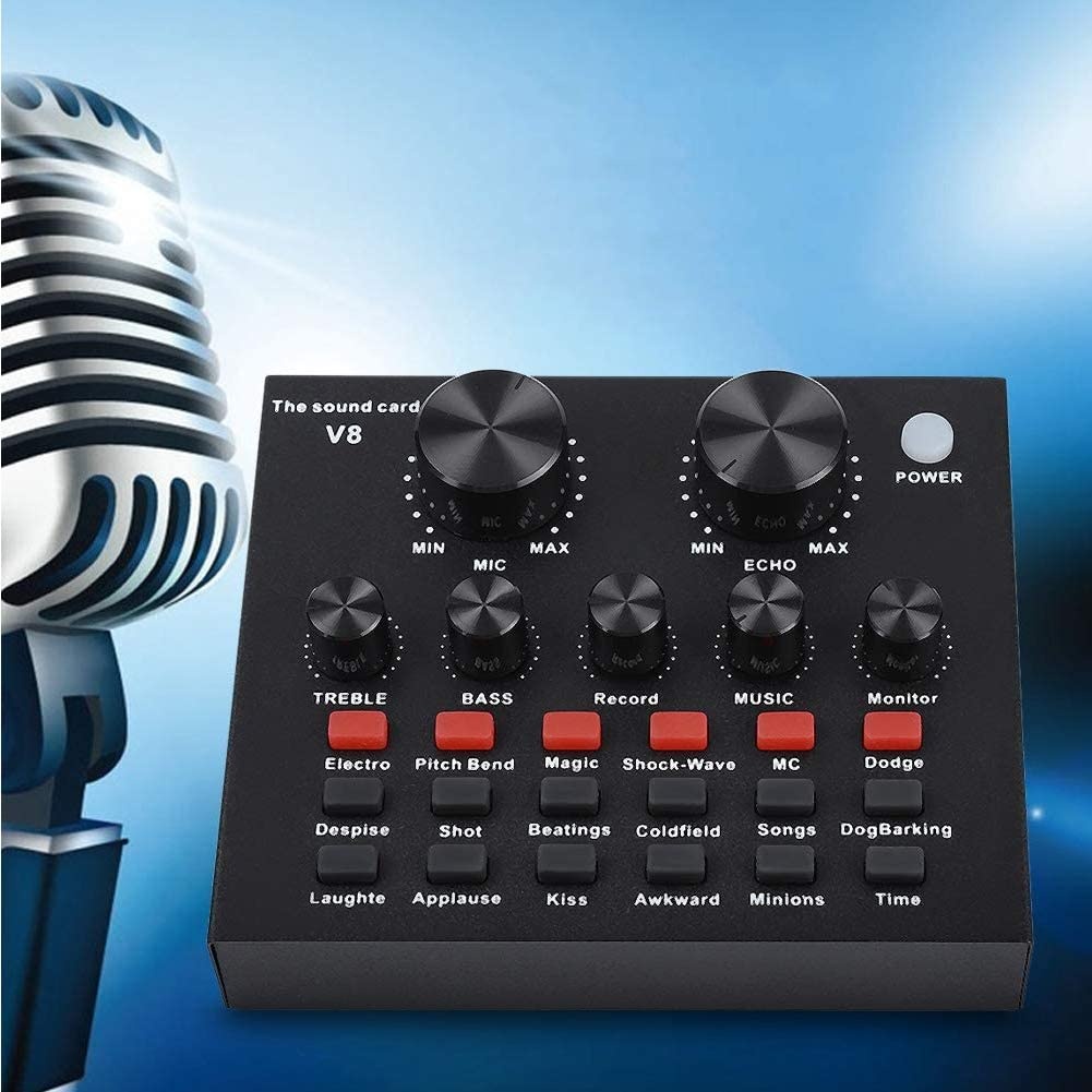 V8-Live Sound Card, Audio Mixer USB External Sound Card Headset Microphone Live Sound Card Karaoke for Double Cell Phone Live Computer PC Live Recording Home KTV Voice Chat