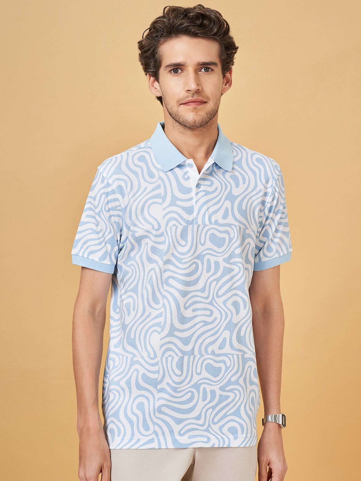 Byford By Pantaloons Blue Slim Fit Printed Polo T-Shirt