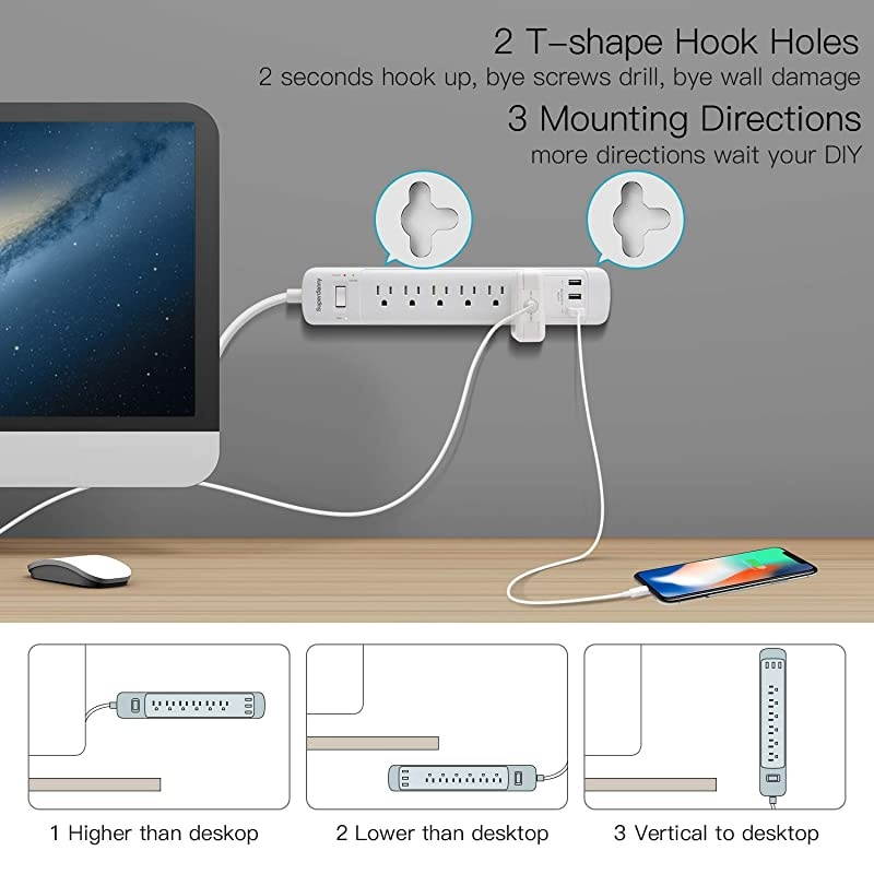 2100J Surge Protector USB Power Strip with ETL Approval 15A Angled Flat Plug Mountable Extension Cord Fast Charging Station 6 Outlet 5ft for Phone Tablet PC Garage Kitchen Home Office White