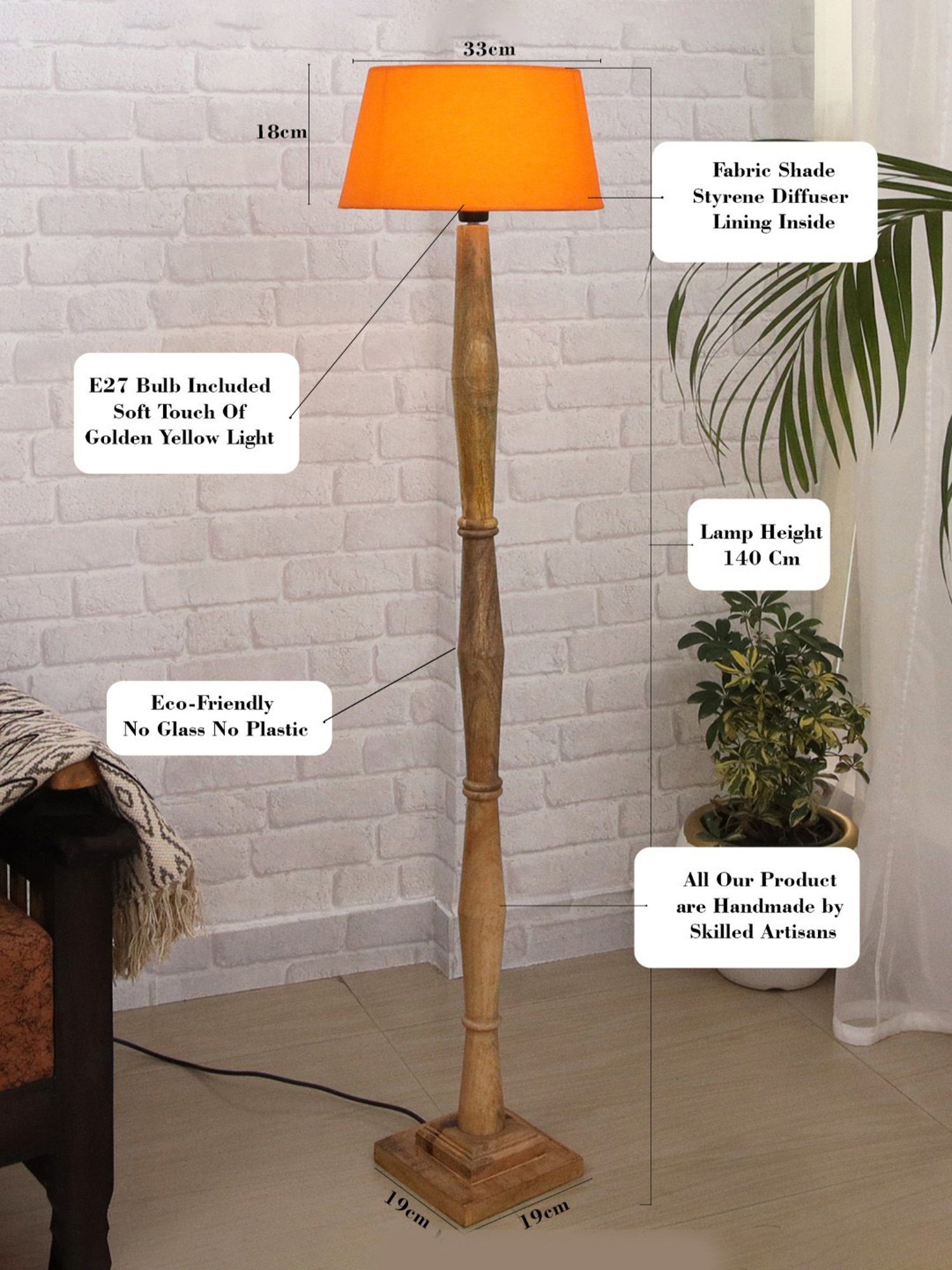 Homesake 'Antique' Orange & Brown Wood Tall Floor Lamp With Shade & Bulb - Set of 1