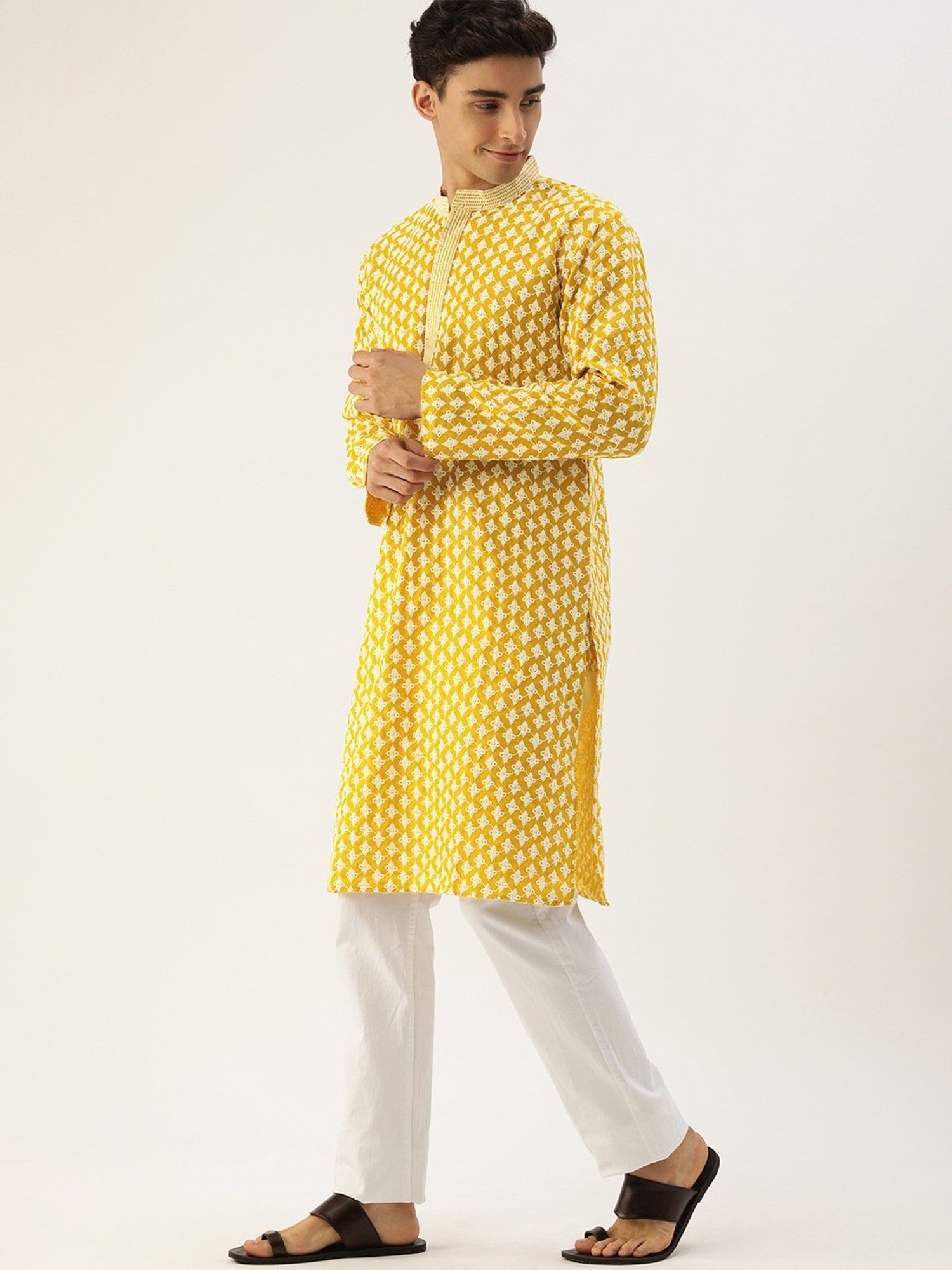 SWAGG INDIA Yellow Cotton Regular Fit Embroidered Kurta