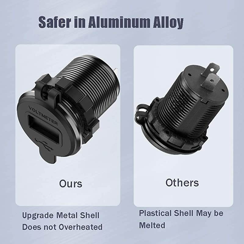 Charge 30 Dual USB Car Charger Socket 12V24V 36W QC30 Dual USB Fast Charger Aluminum Socket Power Outlet with LED Voltmeter for Marine Boat Motorcycle Truck Golf Cart