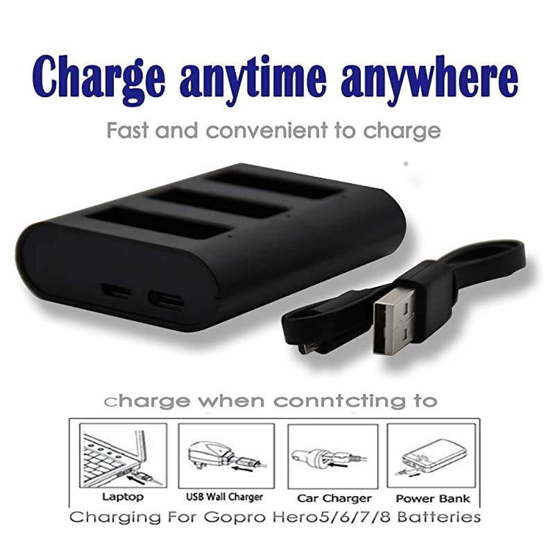Station for GoPro Rechargeable Battery Charger 3Channel Charger GoPro Hero8Hero7BlackHero6Hero5 BlackHero2018with Type C USB Cable