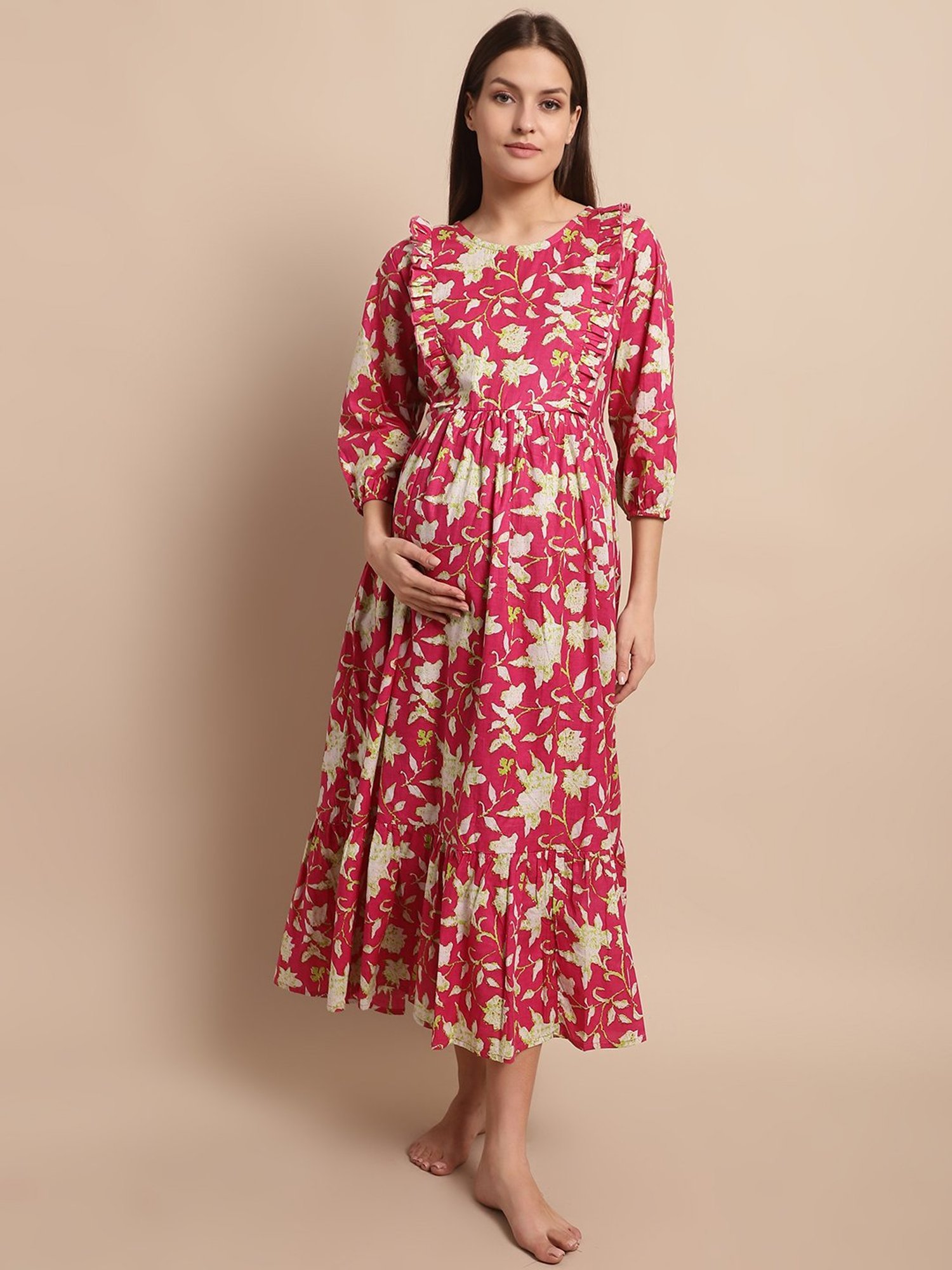 Secret Wish Pink Cotton Floral Print Maternity Night Dress