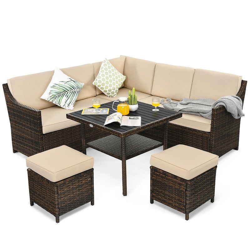 Costway 6PCS Patio Rattan Dining Sofa furniture Set Ottoman Table Lower Shelf