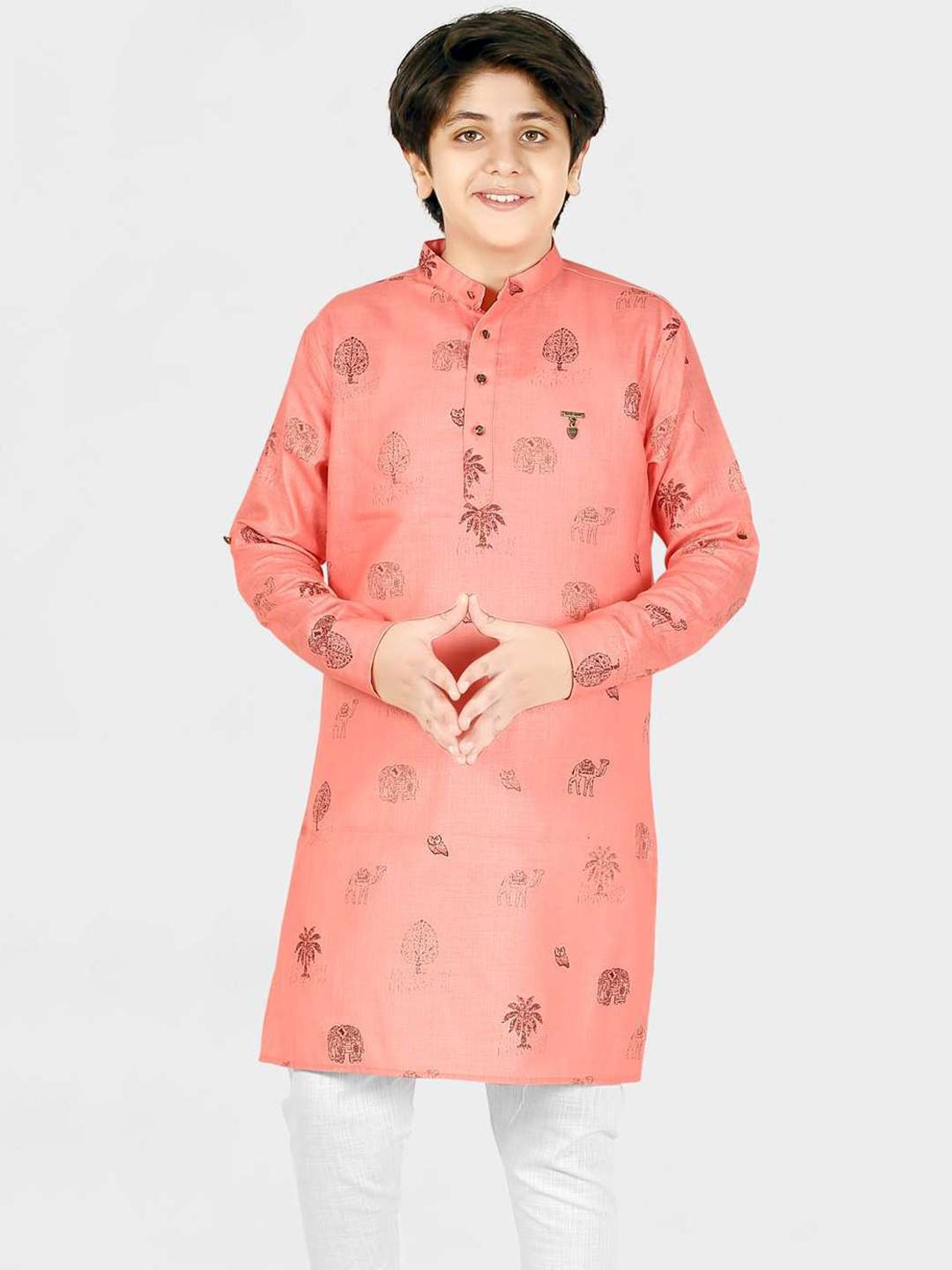 Cavio Kids Pink & White Cotton Printed Full Sleeves Kurta Set