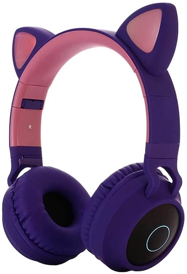 Kids Bluetooth 5.0 Cat Ear Headphones Foldable On-Ear Stereo Wireless Headset with Mic LED Light and Volume Control Support FM Radio/TF Card/Aux in Compatible with Smartphones PC Tablet (Purple)