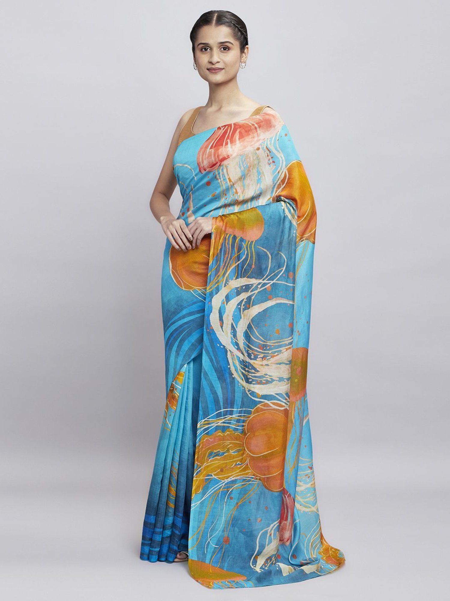 Navyasa Powder Blue liva Organza Abstract Printed Saree With Coordinated Unstitched Blouse Piece