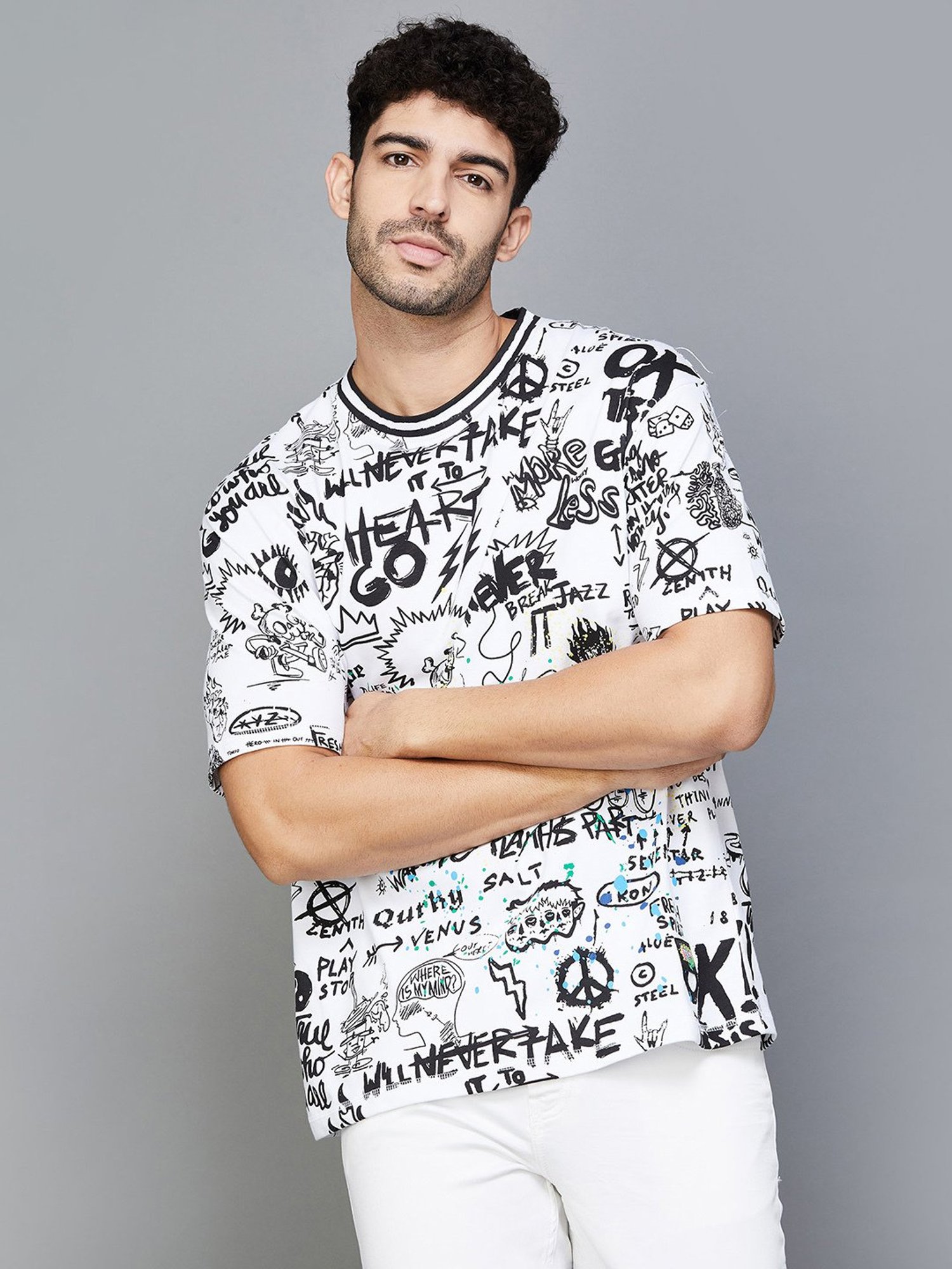 Forca by Lifestyle Grey Regular Fit Printed Crew T-Shirt