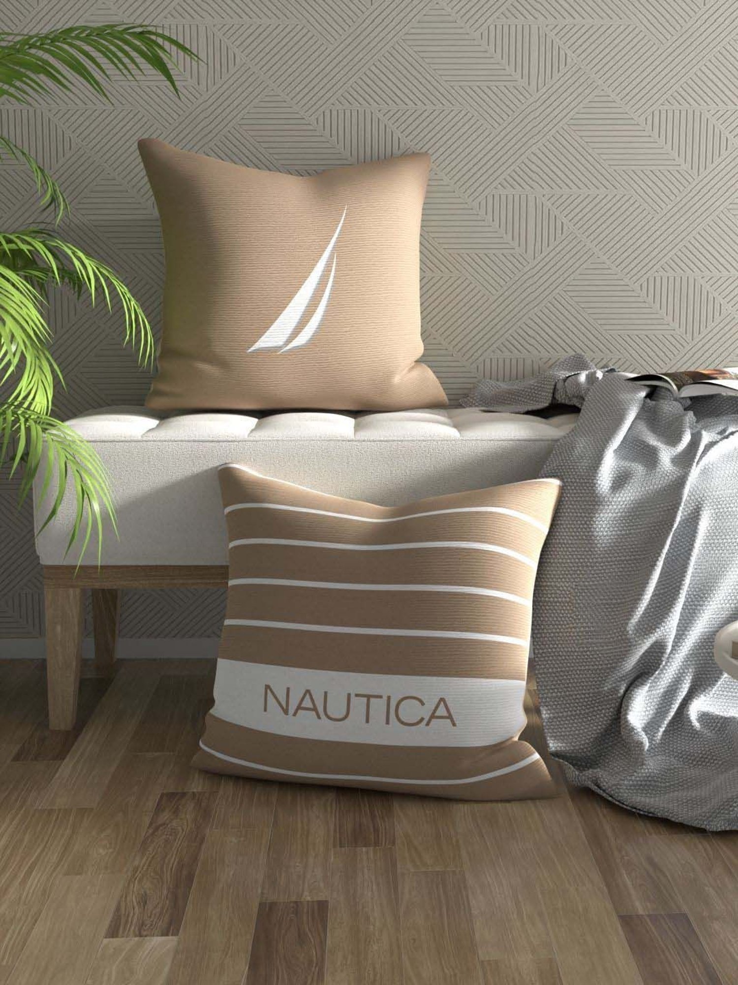 Nautica Logo Stripe Beige Microfibre 300 GSM Premium Cushion Covers - Set of 2