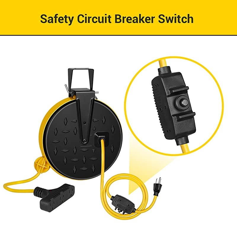30 Ft Retractable Extension Cord Reel CeilingWall Mount 163 Gauge SJTW Power Cord with 3 Electrical Outlets Pigtail for Garage and Shop 10 Amp Circuit Breaker Metal Plate ETL Listed
