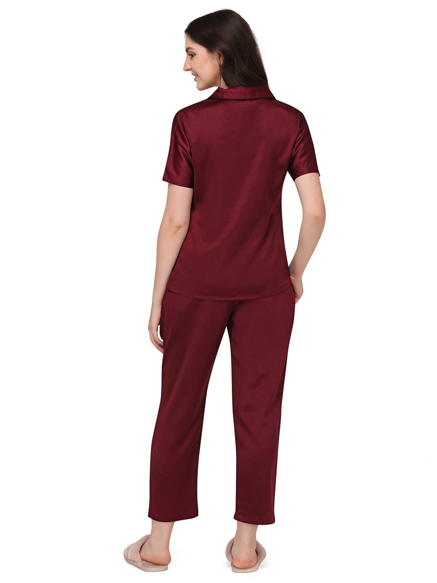 Smarty Pants Wine Satin  Shirt With Pyjamas