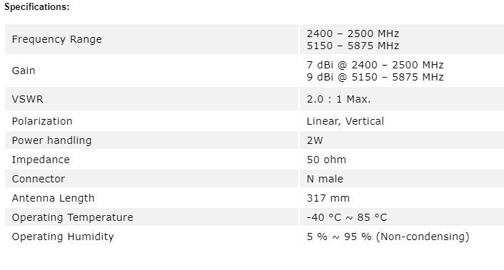 Alfa 9 dBi AOA-2458-79AM 2.4/5 GHz Dual Band Outdoor N-Male WiFi Omni Antenna