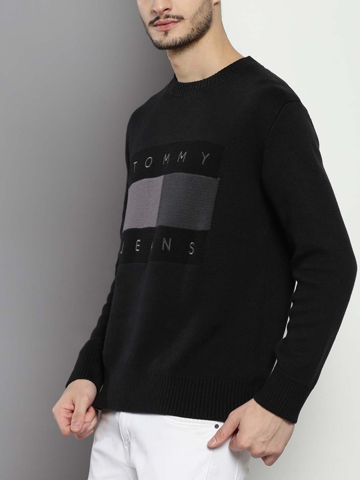Tommy Hilfiger Black Cotton Relaxed Fit Colour Block Sweaters