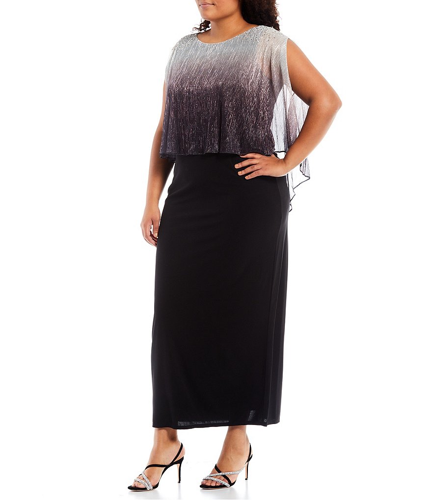 Ignite Evenings Plus Size Beaded Ombre Popover Round Neck Sleeveless Dress