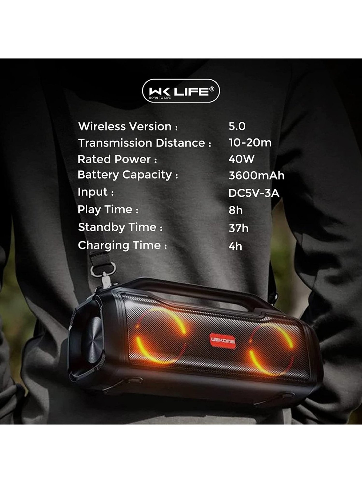 WK Life D28 Bass Monster HiFi Bluetooth Wireless Party Speaker 40W with RGB Lights (Black)