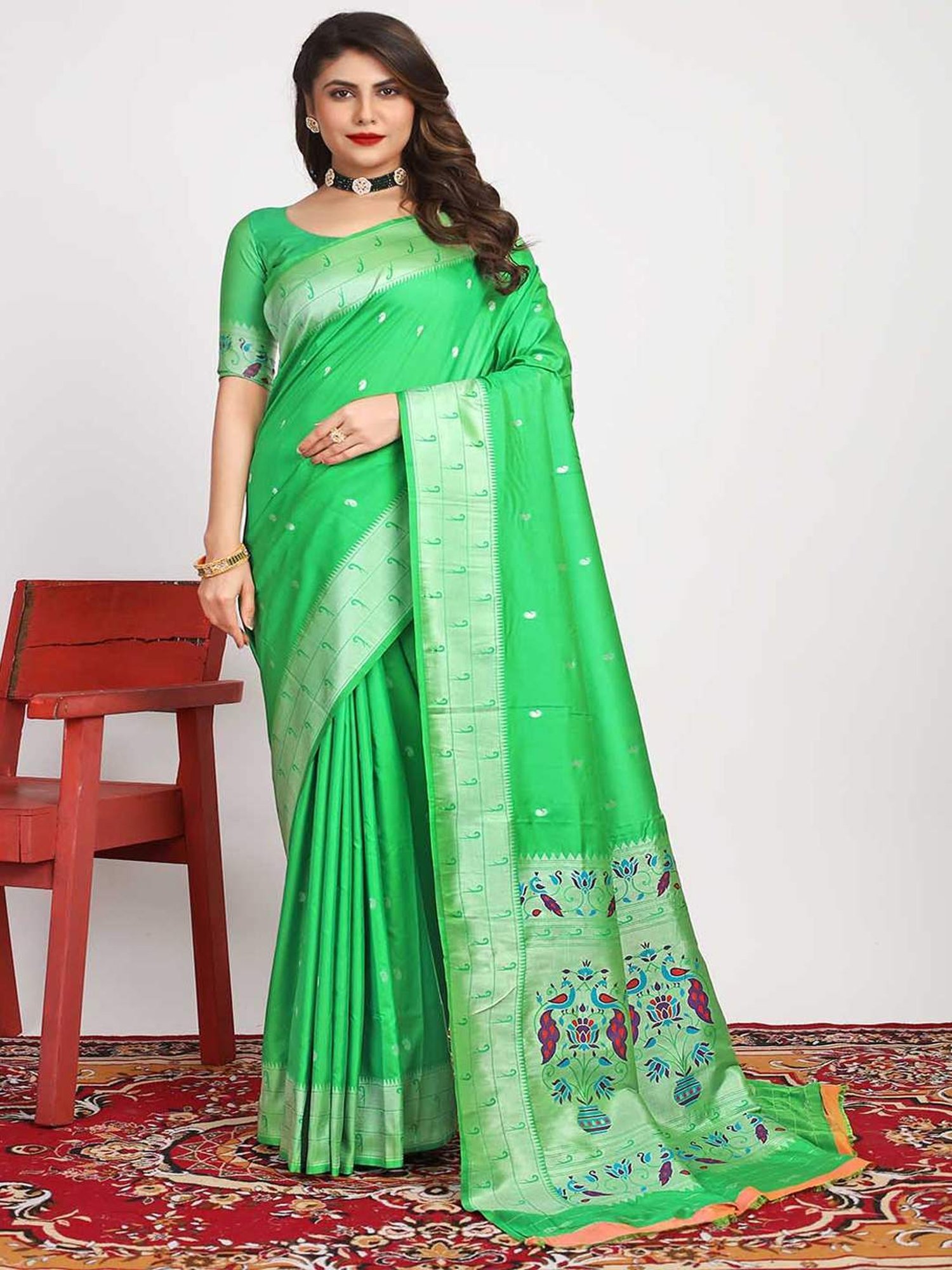 SHUBHKALA Green Silk Woven Saree With Unstitched Blouse