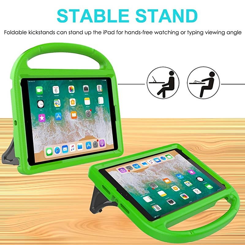 iPad 9.7 2018 2017 / Air 1/2 / Pro 9.7 Case for Kids -  Durable Shockproof Protective Handle Bumper Stand Cover with Screen Protector for iPad 9.7 inch 5th/6th Generation, Green