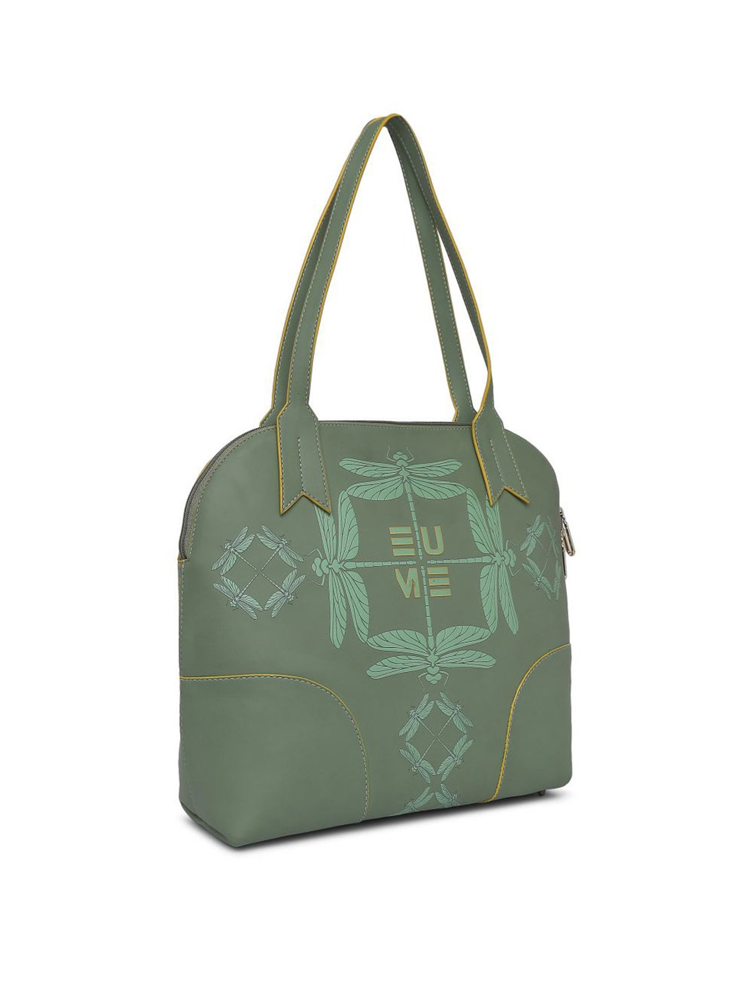Eume Dragonfly Basil Green Leather Printed Shoulder Handbag