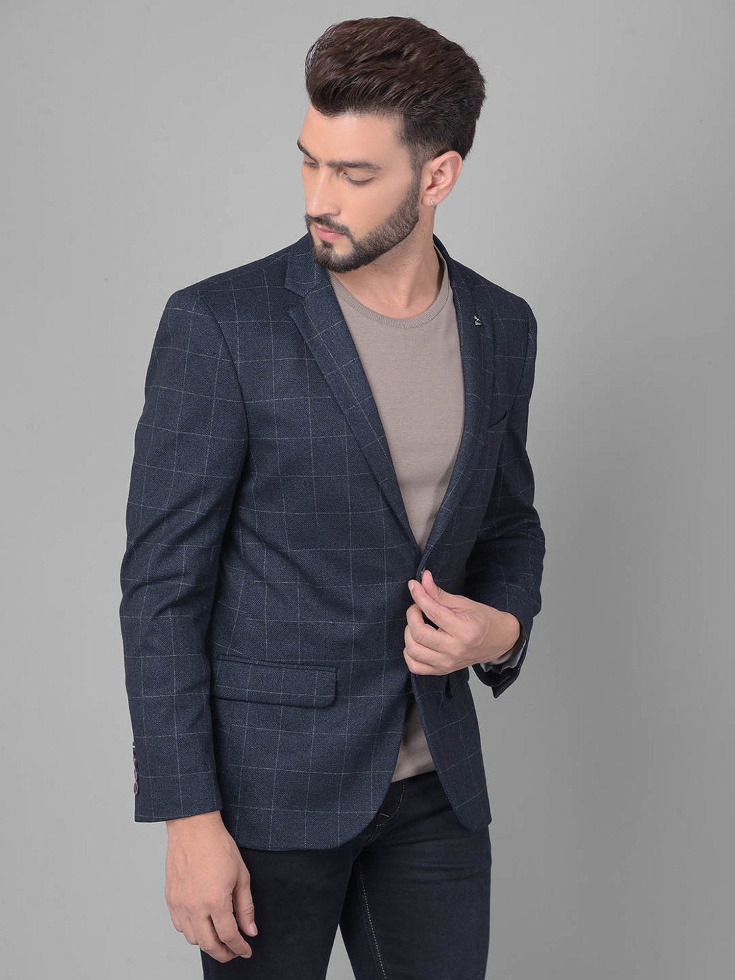 Crimsoune Club Navy Blue Slim Fit Checks Blazer