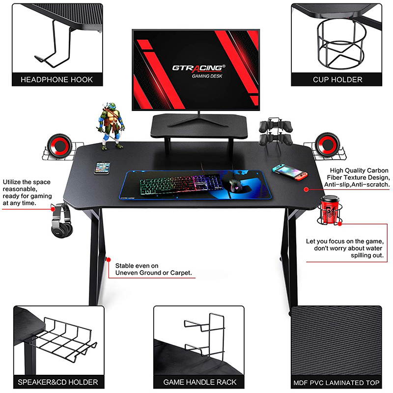 Gaming Desk 39 Inch Computer Desk Gaming Table K Shaped Pc Gaming Workstation Home Office Desk with Headphone/CD Holder, Gaming Controller Rack, K01