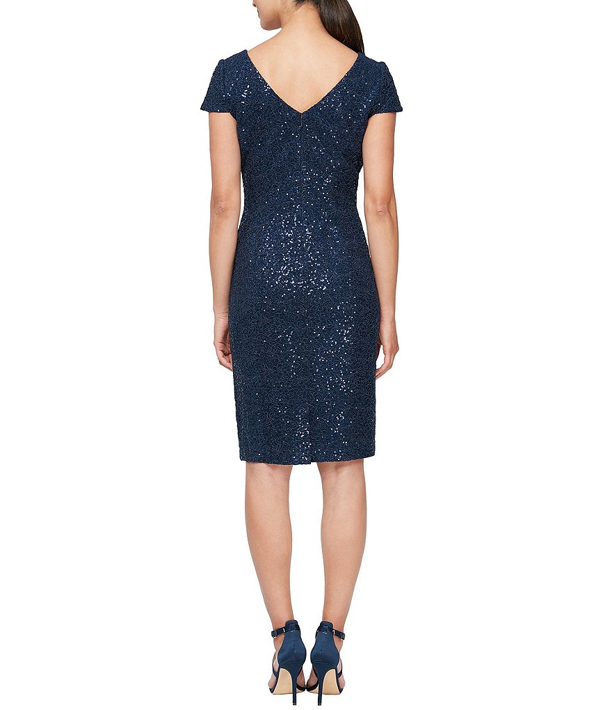 Alex Evenings Corded Lace Cap Sleeve V-Neck Sheath Dress
