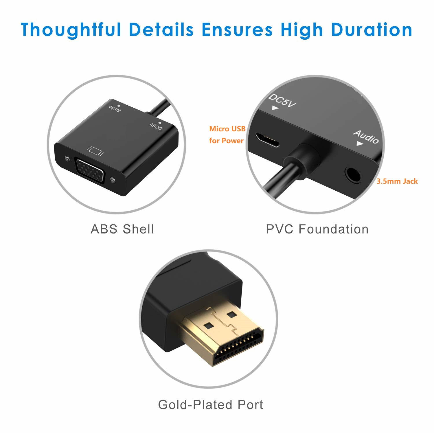 1080P HDMI Male to VGA Male Converter Video Adapter with 3.5mm Audio, HDMI to VGA Adapter with Audio.