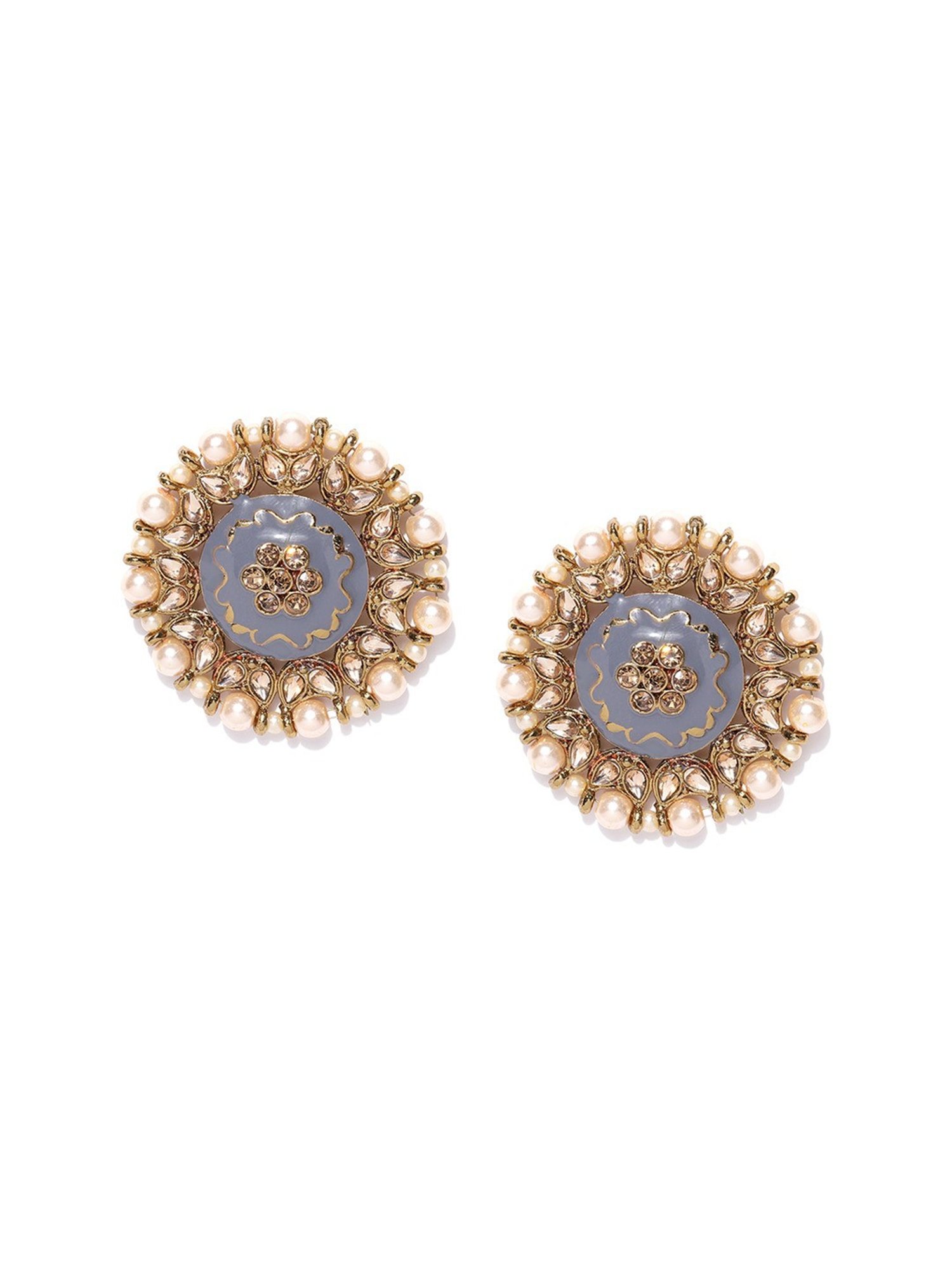 Priyaasi Gold-Plated Pearls and Stone Studded Round Shape Large Stud Earrings