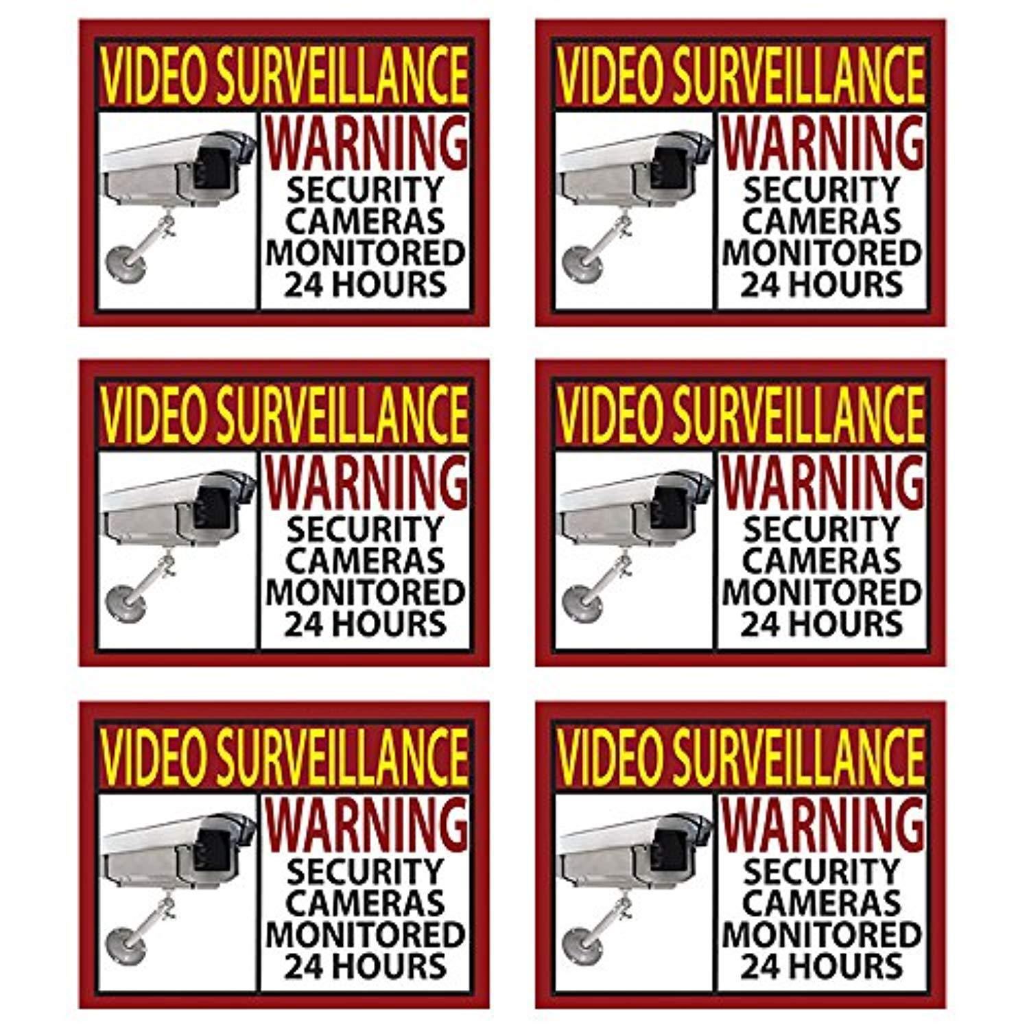 6 pack video surveillance sticker bright yellow and red best for home and business for indoor/outdoor use long lasting weather