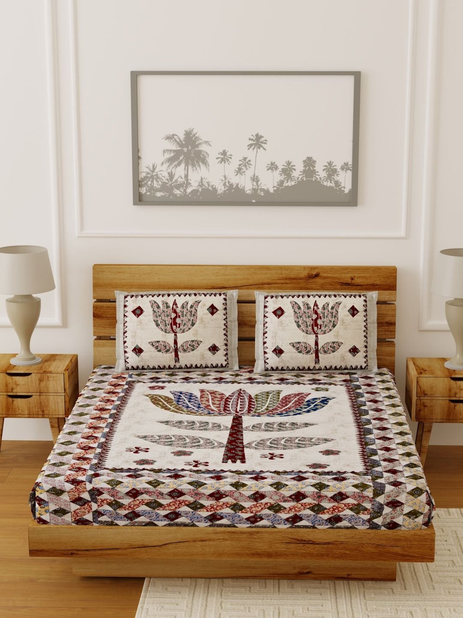 Living Roots Multicolor Jaipuri Printed Cotton Bed Sheet with 2 Pillow Cover