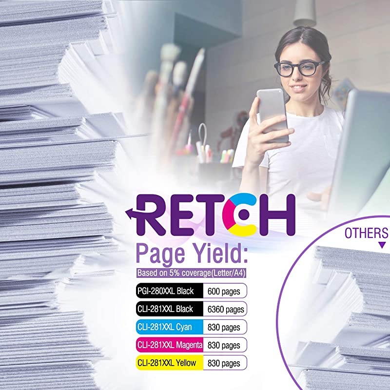 Compatible Ink Cartridges Replacement for Canon 280 281 PGI280XXL CLI281XXL for PIXMA TR8520 TS8220 TR7520 TS9120 TS6120 TS6220 TS8120 TS9520 TS6320 TS9521C TS8320 TS702 5 Pack