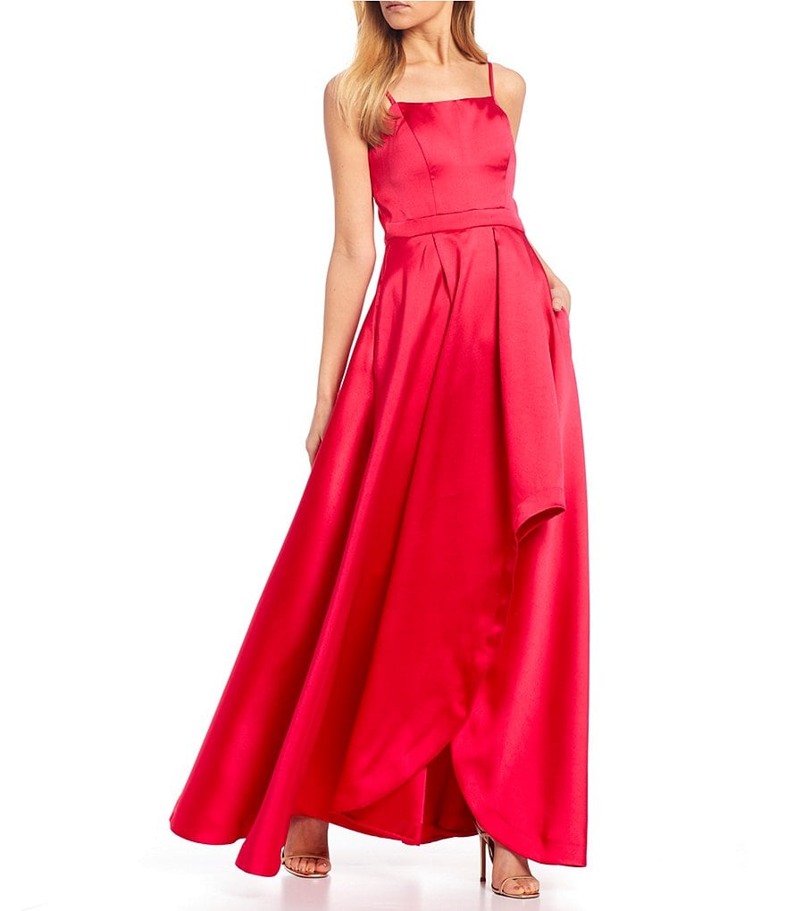 Sequin Hearts Spaghetti Strap High-Low Side Slit Long Satin Dress