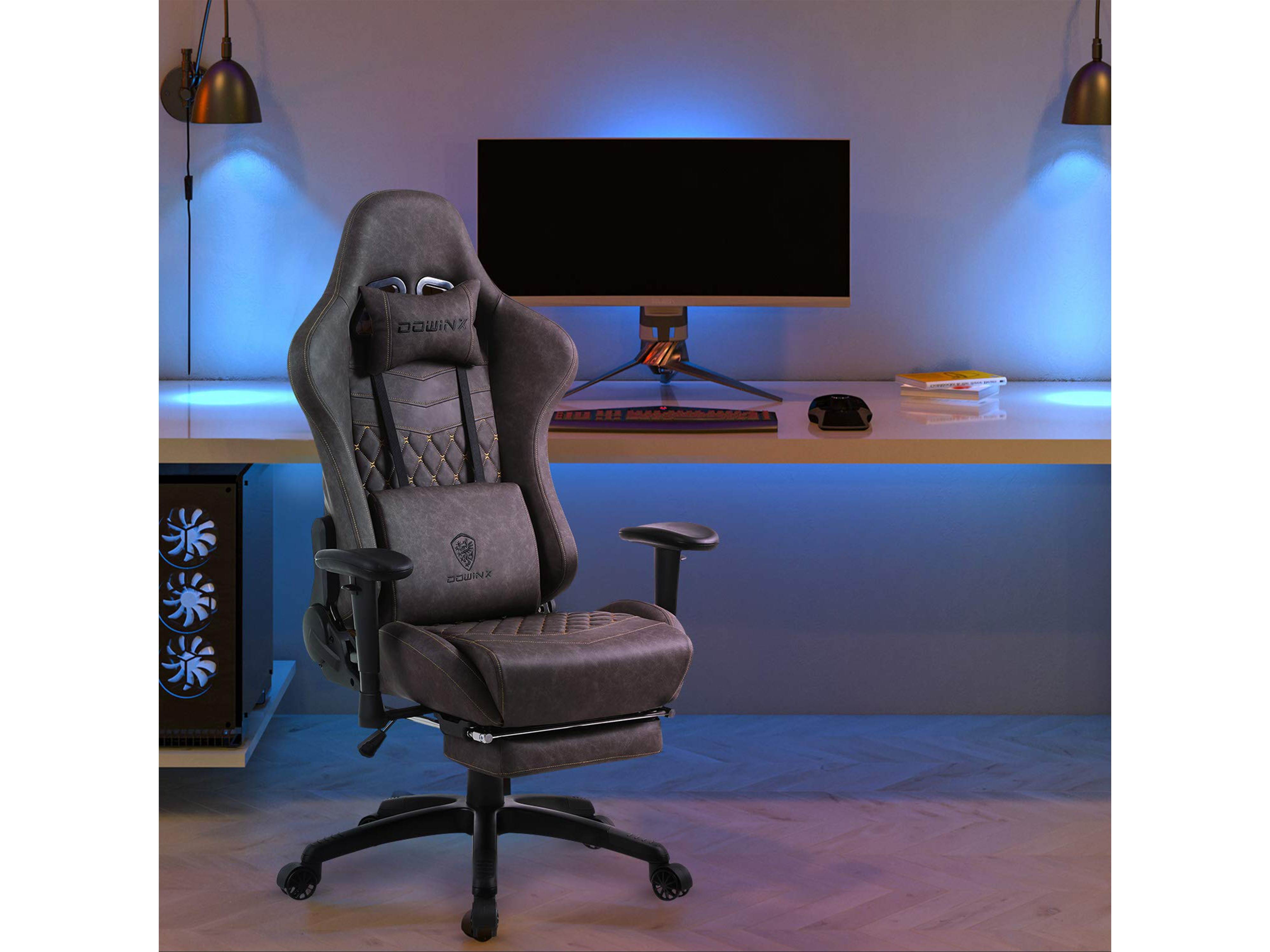 Dowinx Gaming Chair Ergonomic Retro Style Recliner with Massage Lumbar Support Office Armchair for Computer PU Leather with Retractable Footrest Grey