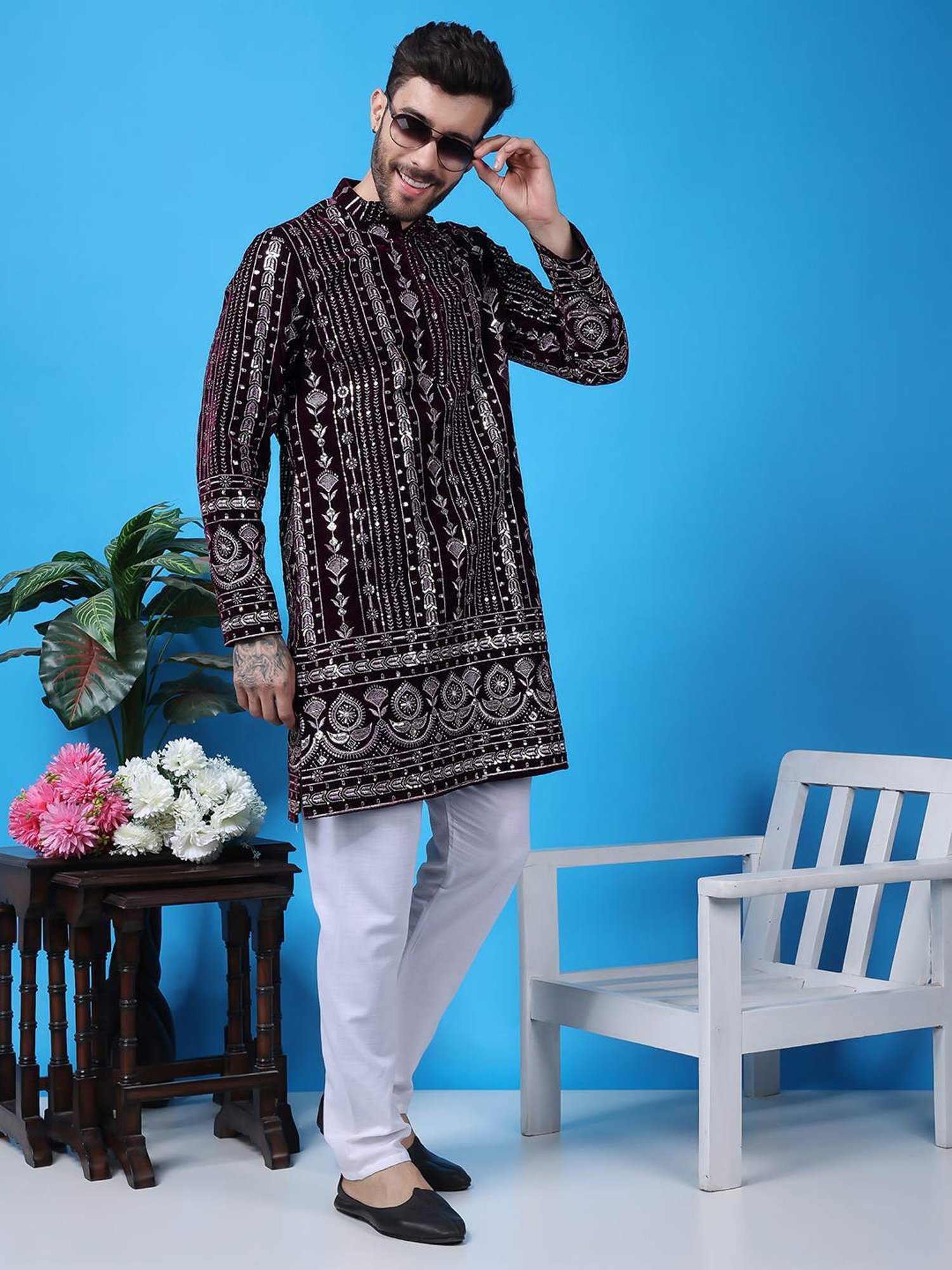 Hangup Purple & White Regular Fit Embellished Kurta Bottom Set