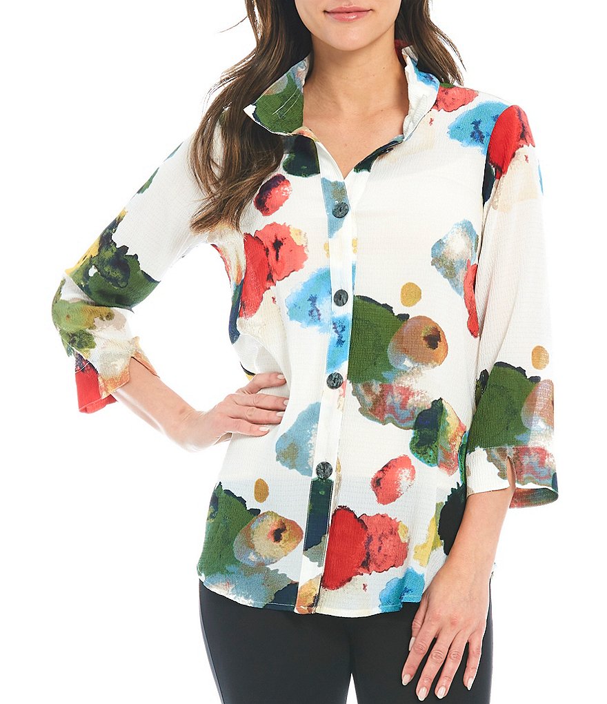 Ali Miles Abstract Dot Printed Crinkle Wire Neck Button Front Blouse