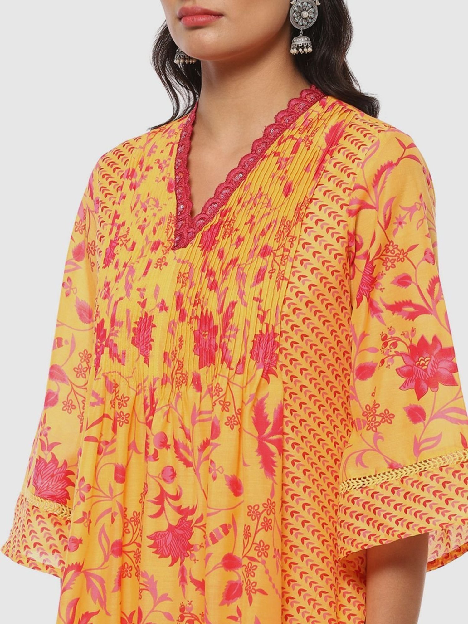 Biba Orange Floral Print Kurta Palazzo Set With Dupatta