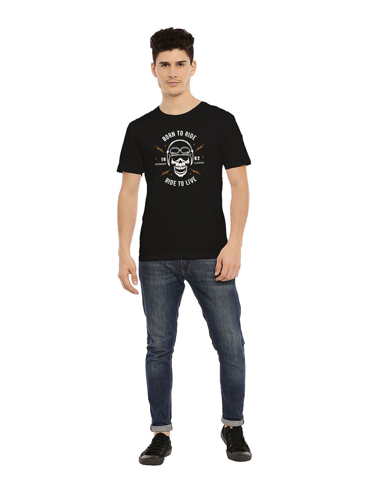 BLACK RADIO Black Slim Fit Printed Cotton Crew T-Shirt