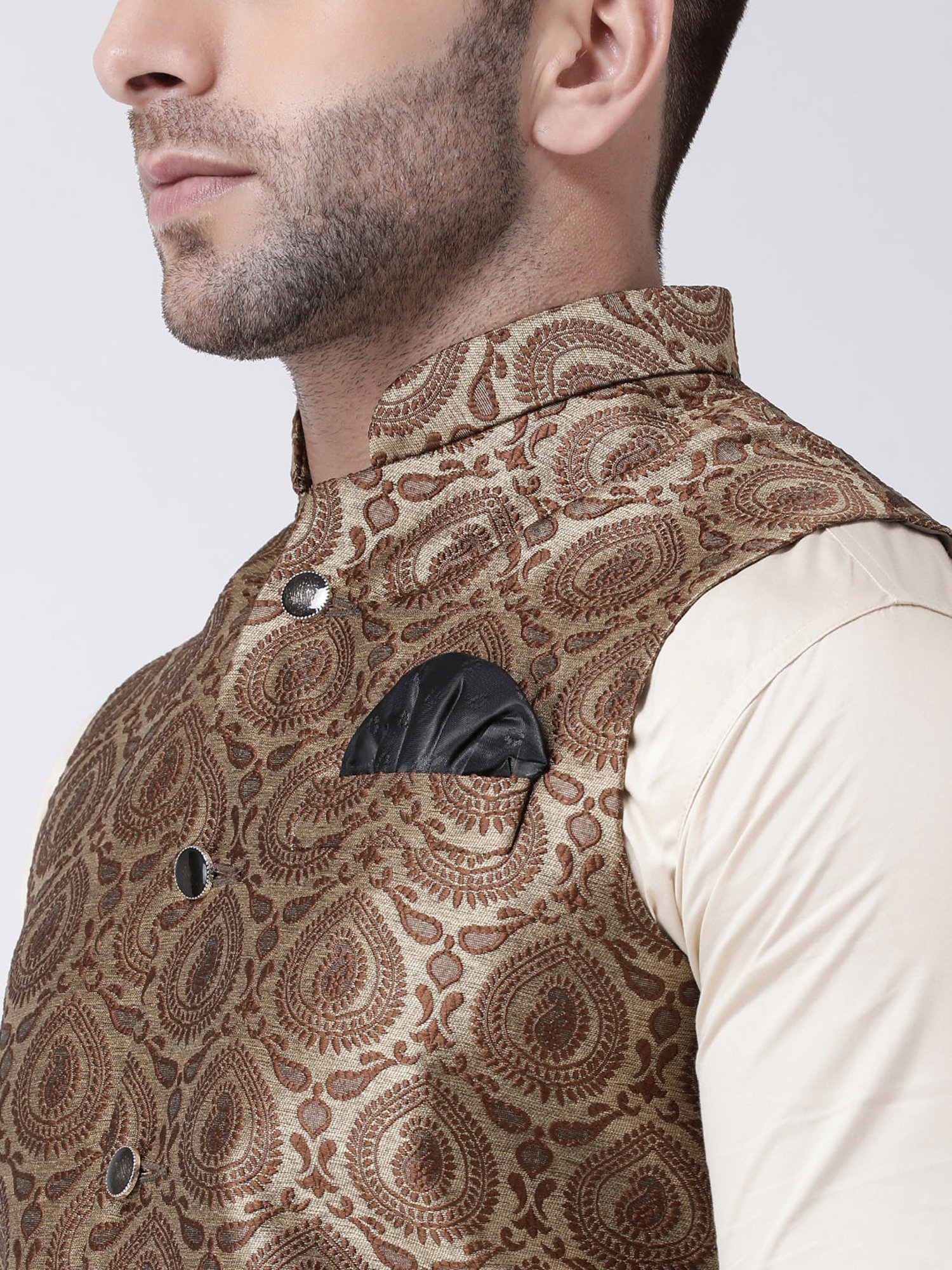 Hangup Plus Brown Regular Fit Jacquard Nehru Jacket