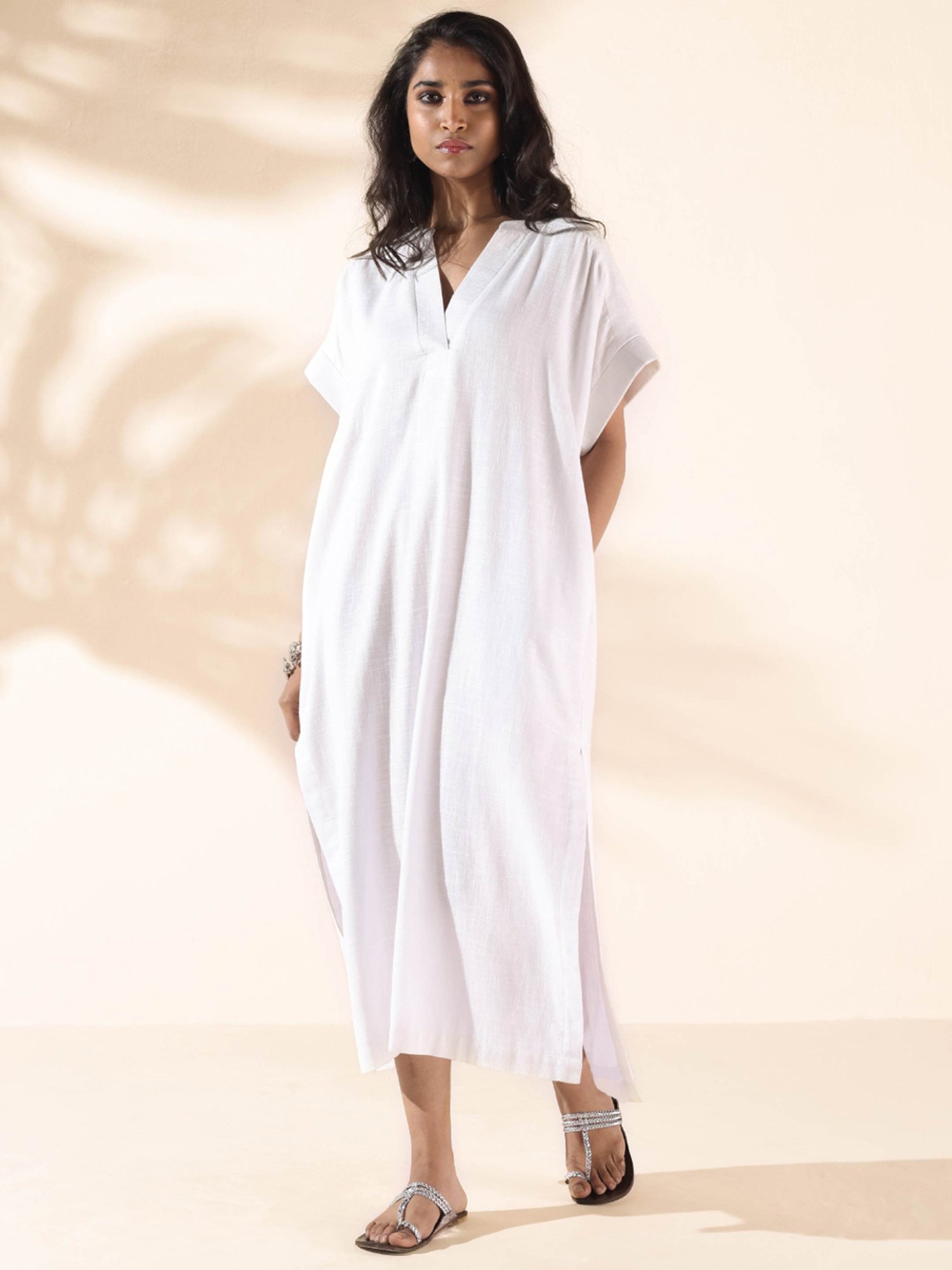 true Browns White Cotton Self Pattern A-Line Dress
