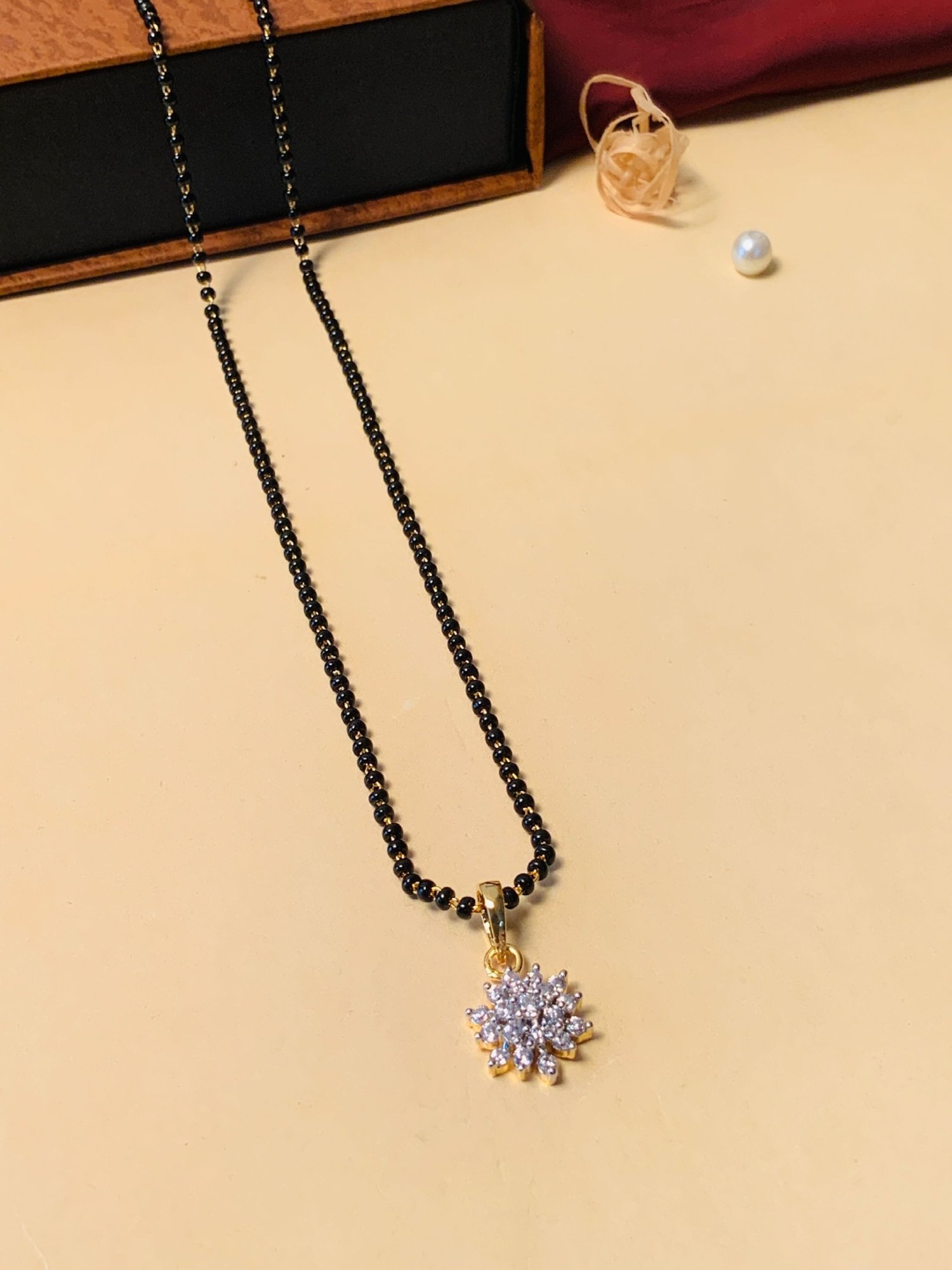 Abdesigns Gold-Plated American Diamond & Black Beaded Mangalsutra