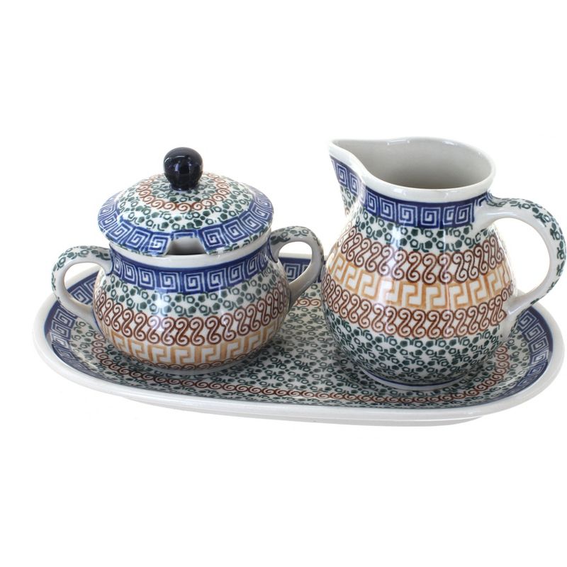 Blue Rose Polish Pottery Athena Large Sugar & Creamer Set with Tray