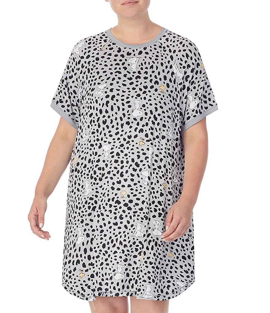 Peanuts Plus Snoopy & Woodstock Print Knit Crew Neck Short Sleeve Sleepshirt