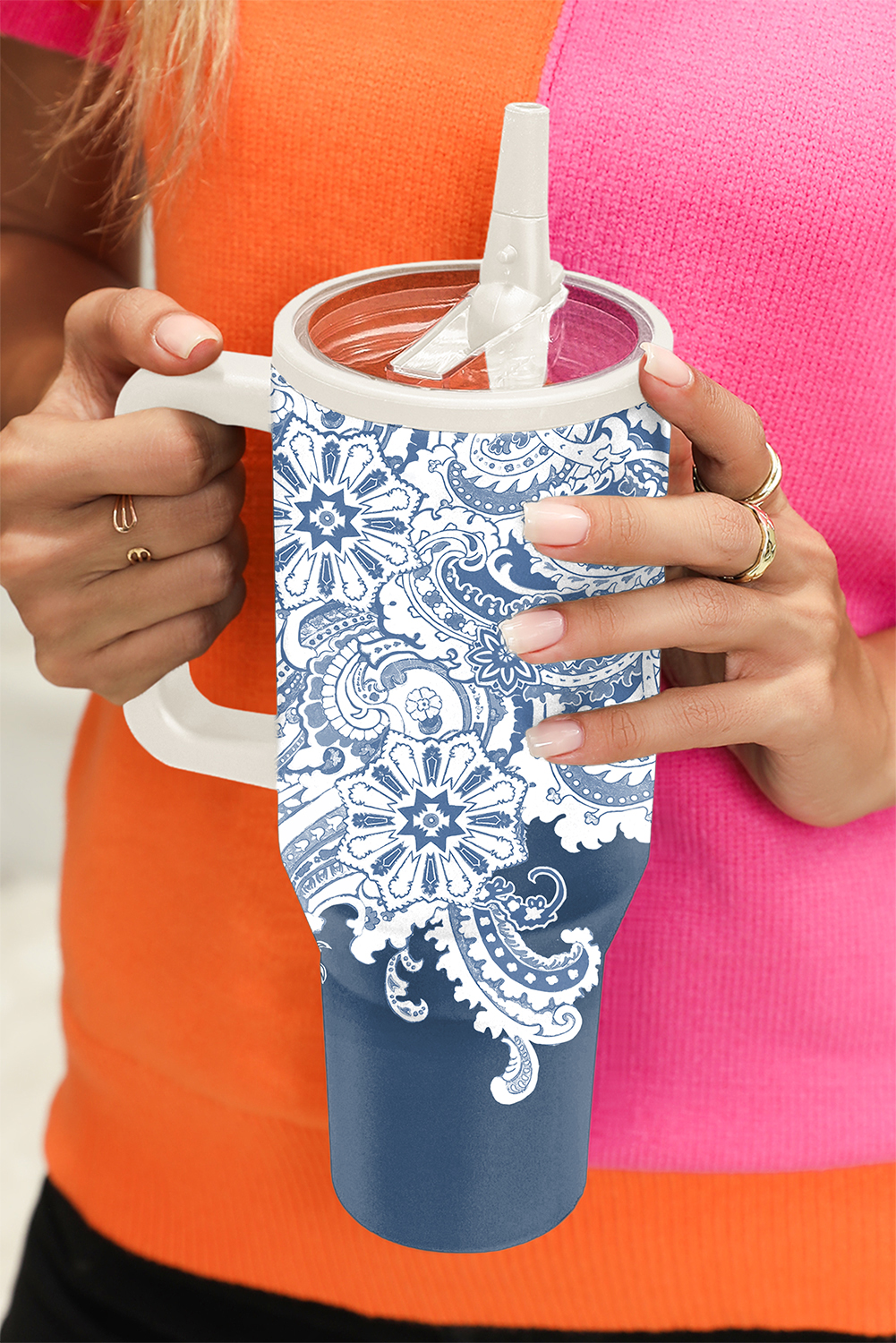 Pink Checkered Print Handled Stainless Steel Tumbler Cup