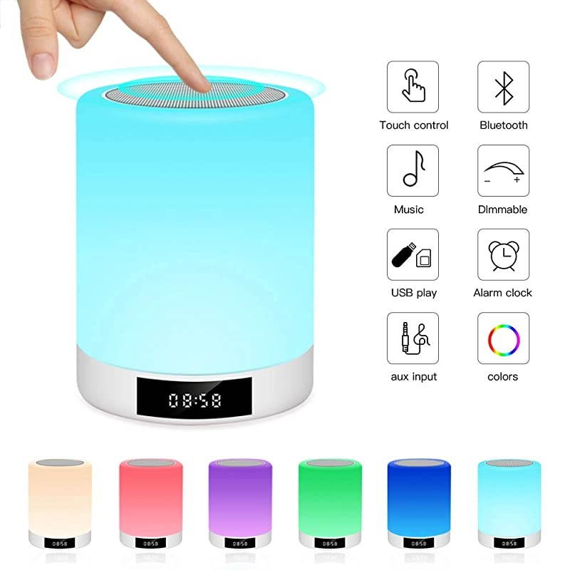 Night Light Bluetooth Speaker  Wireless Stereo Speaker with Alarm Clock MP3 Player FM Radio Touch Control Table Lamp Dimmable Warm Lights amp 7 Colors Themes for KidsPartyBedroom