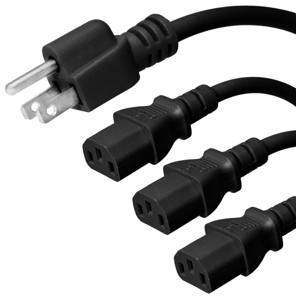 Ironbox 5-15 to 3x C13 Connector Splitter Power Cord - Black -  3 Foot+3x2ft - 10A/125V - 18/3 SJT - IBX-1993-03