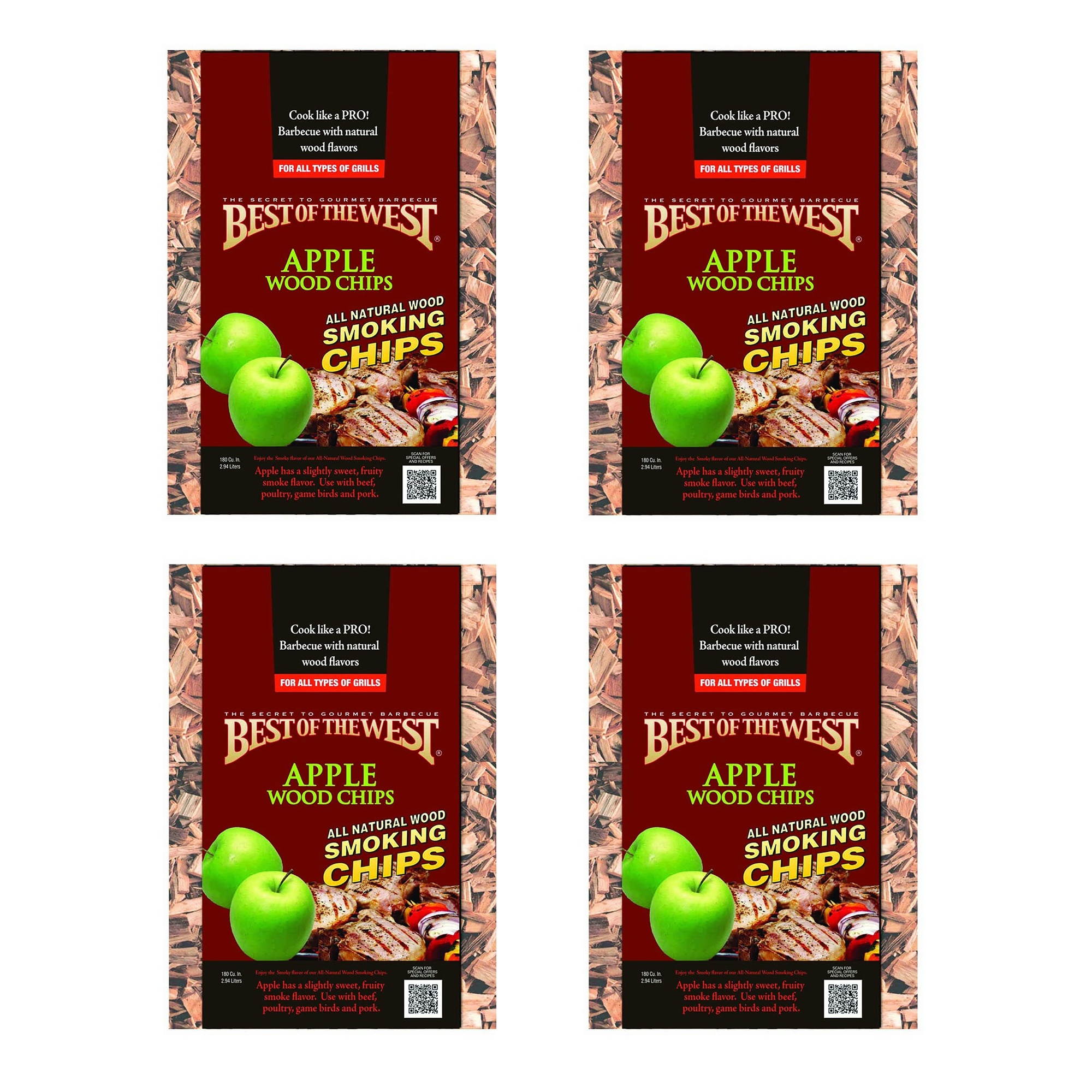 Best of the West All Natural BBQ Apple Wood Smoking Chips, 180 Cu Inch (4 Pack)