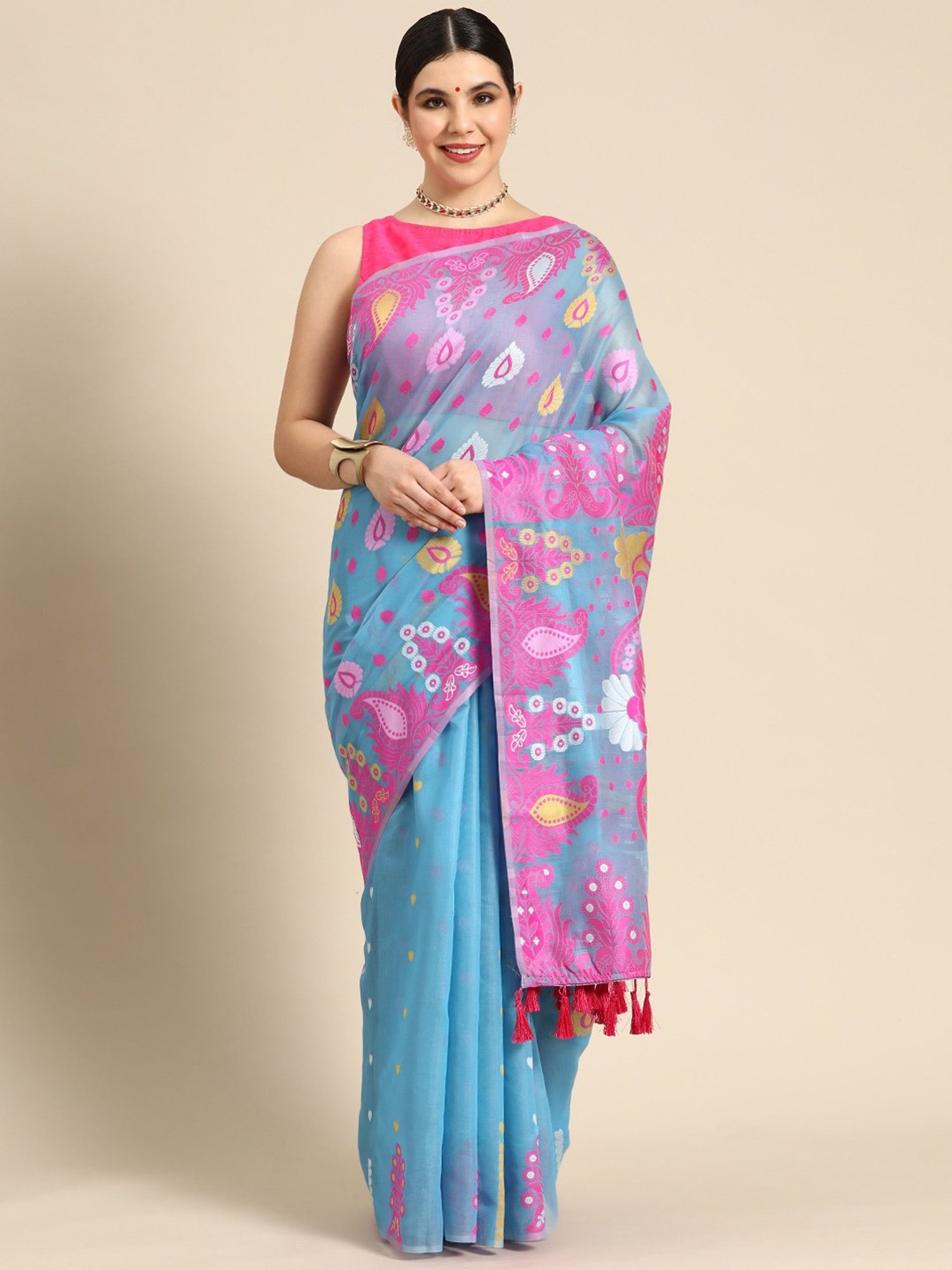 Silk Land Blue Pure Cotton Woven Saree With Unstitched Blouse